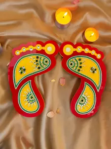 Beautiful Big Red & Yellow Golden Laxmi charan, Lakshmi Pagh, Lakshmi Feet with Kundan Work on It for Indian Puja, Mandir, Indian festive Decoration, Hindu Festival, Laxmi & Diwali Puja