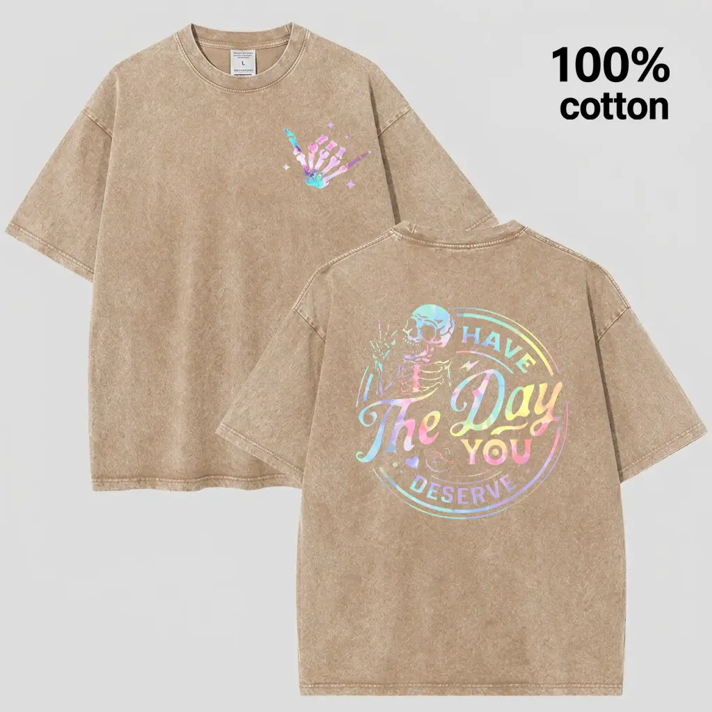 Retro Pastel Skeleton "Have The Day You Deserve" Oversized Tee | Vintage Wash Khaki Graphic T-Shirt