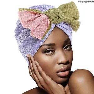 Pleated Color Block Hollow Knit Ethnic Turban, Bow-Decorated Casual Hat for Daily Use