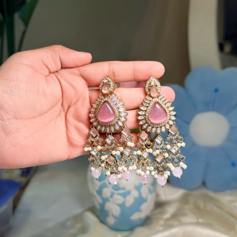 Pink and White Kundan Fashion Earrings - Minimalist Design, Classic Style, Leverback Closures, Wedding Set Earrings
