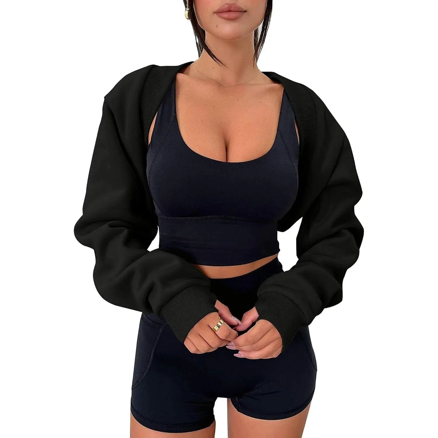 Women's Long Sleeve Cropped Bolero Shrug Sweatshirt with Thumb Holes Open Front Y2K Workout Top 2026(Gift)