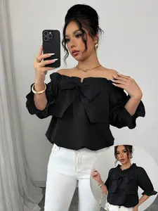 Women's Casual Chic Everyday Fashion Top with Bowknot Decoration, Versatile Fitted One-Shoulder Blouse for Valentine's Day, Dates, Commuting, Vacation