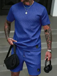 Men's Herringbone Textured T-Shirt & Shorts Set, Casual Summer Breathable Co-Ord with Logo Tags, Minimalist Streetwear Outfit #TexturedSet #SummerCoOrd #StreetwearOutfit #BreathableCasual #TikTokMadeMeBuyIt