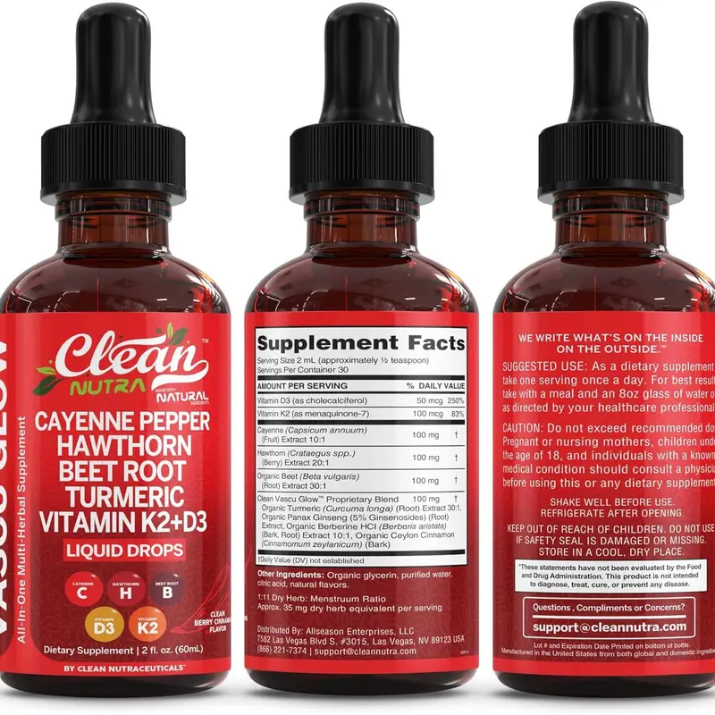 Clean Nutra BOGO | Cayenne Pepper Drops Supplement + Hawthorn Berry, Vitamin D3 K2, Organic Beet Root Powder, Ceylon Cinnamon, Turmeric Curcumin, Panax Ginseng & More Health Wellness Supplement Liquid Drops – Vascu Glow