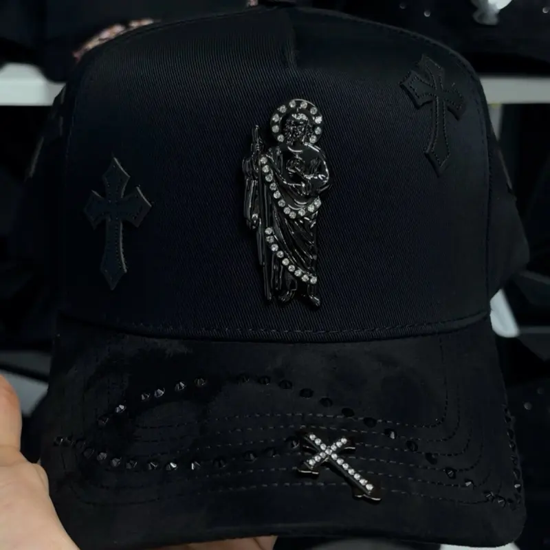 San Judas VM Hats Black Rosary Design with Cross Embroidery and Rhinestone Accents San Judas VM Hats Black Rosary Design with Cross Embroidery and Rhinestone Accents