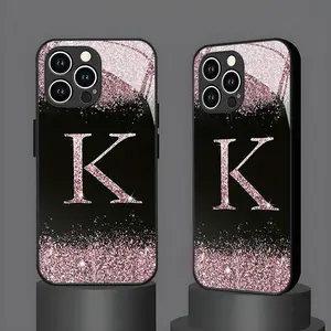 Tempered Glass Smartphone Case - Fashion Blush Pink Diamond Letter K Pattern, Cellphone Cover Accessory, Suitable for iPhone 11-17 Plus Pro Max Handheld Devices