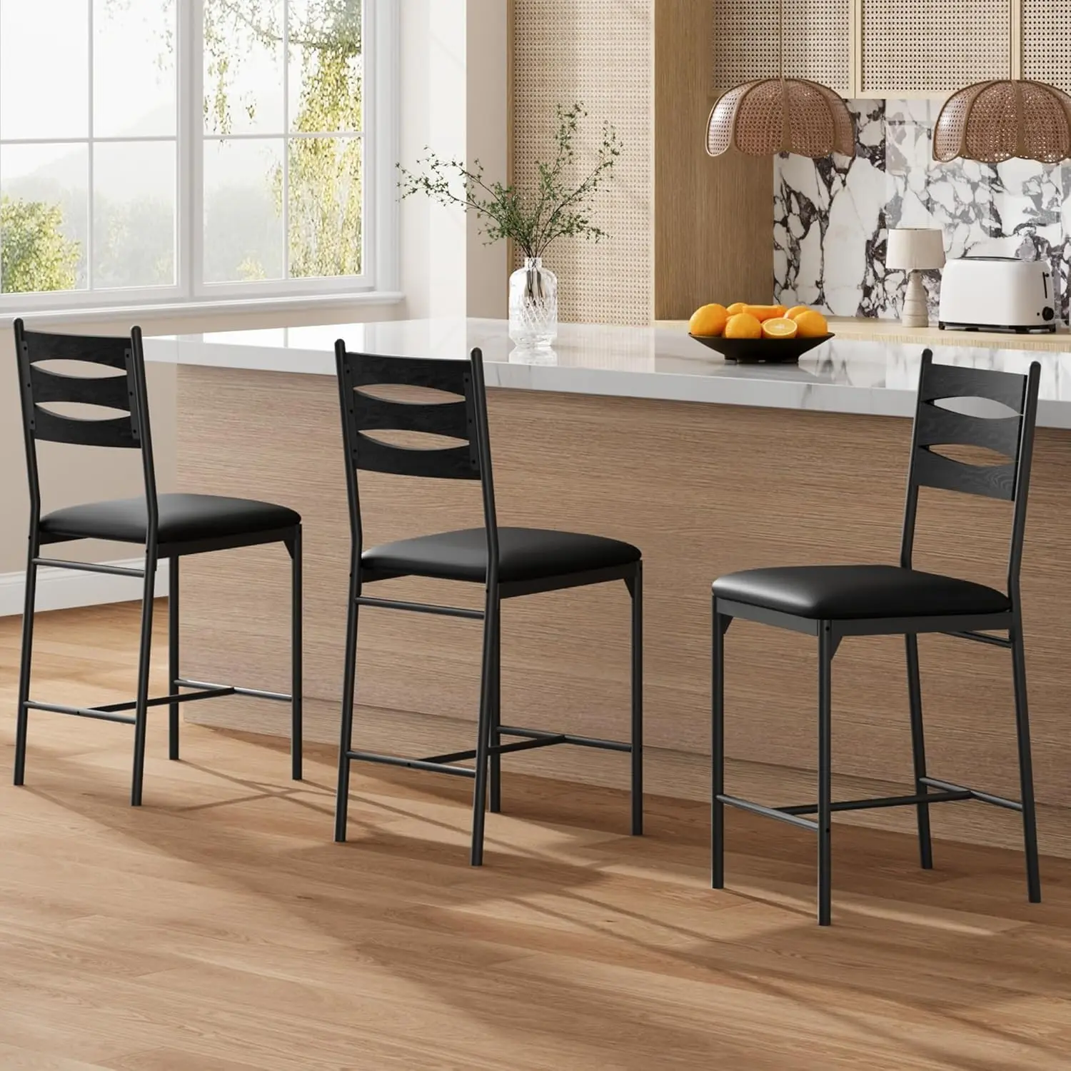 Gaomon Upholstered Leather Barstools Set of 2/4 - Counter Height Anti-Rust Metal Back-Friendly Dining Chairs with Contoured Wooden Back, Thick Cushions, Footrest for Kitchen Island, Apartment (Black, Faux-Leather Option), Leather Dining Chairs