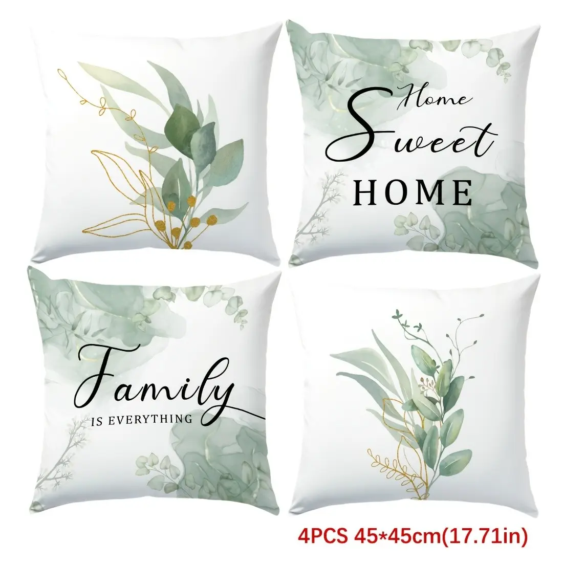 4pcs, Green Watercolor Plant Sweet Home Throw Pillow Covers, Contemporary Style, Modern Aesthetics, Suitable Spring Living Space, Living Room, Bedroom, Sofa and Bed Decoration, Single Sided Printing, No Pillow Core