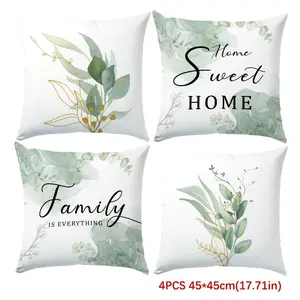 4pcs, Green Watercolor Plant Sweet Home Throw Pillow Covers, Contemporary Style, Modern Aesthetics, Suitable Spring Living Space, Living Room, Bedroom, Sofa and Bed Decoration, Single Sided Printing, No Pillow Core