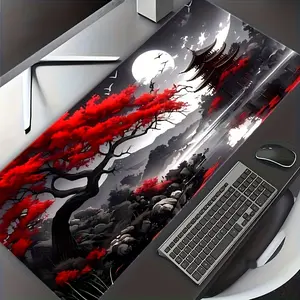1pc Traditional Japanese Landscape Mouse Pad - 23.6 x 13.7 Inches, Extra Large Size, Durable Rubber Base, Non-Slip, HD Printed with Vintage Edo Office & Gaming Design, Ideal Gift for Gamers and Office Use, Gaming Mouse Pad