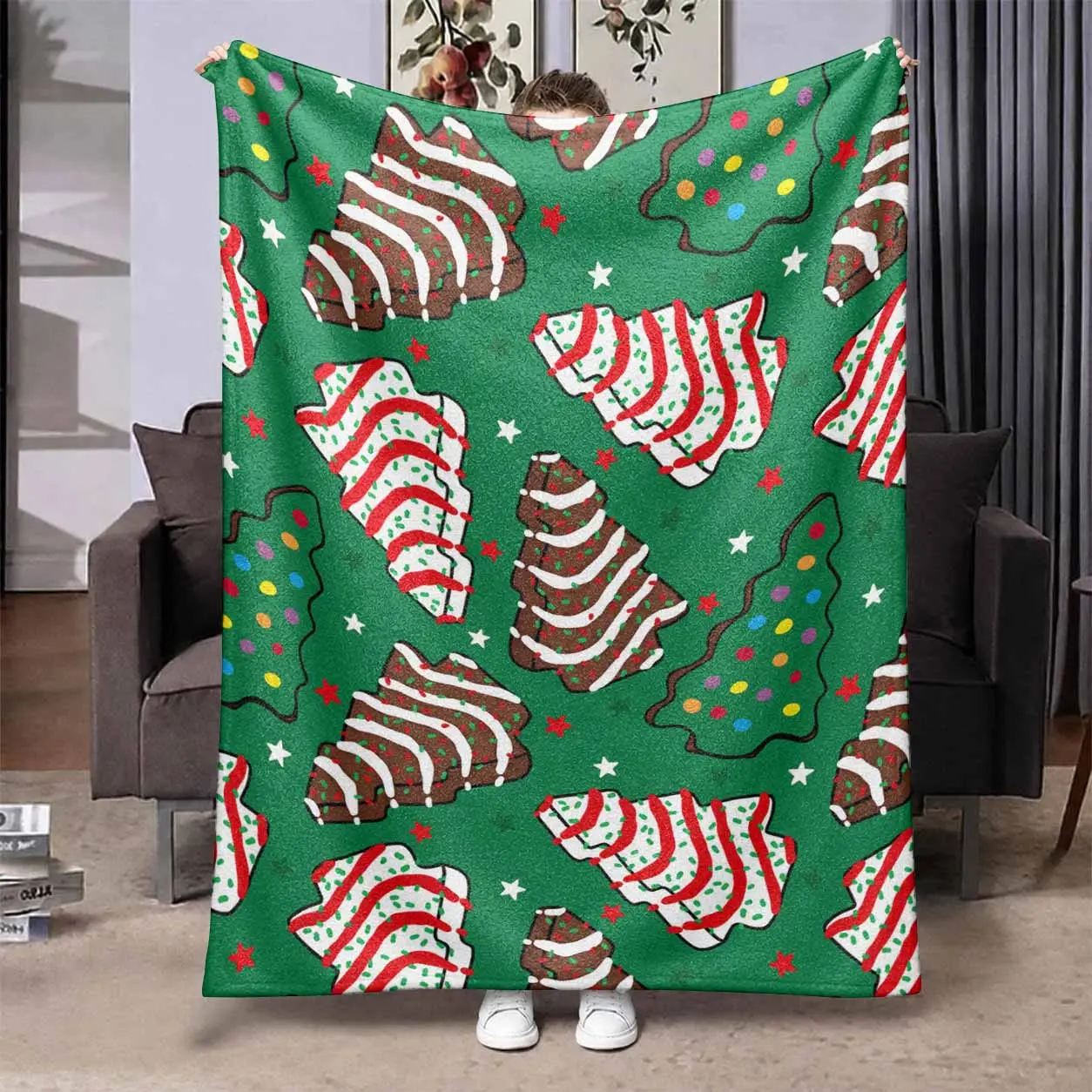 Christmas Cookie Tree Flannel Blanket. Suitable for bed. sofa. camping. cold movie theater or travel! Perfect gift for family and friends. Soft plush throw blanket. Gingerbread and Christmas tree pattern. Lightweight. breathable. decorative.