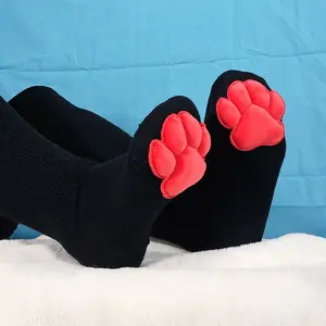 Red Mochi Stuffed Puffy Paw Pad Beans on Black Thigh High Stockings