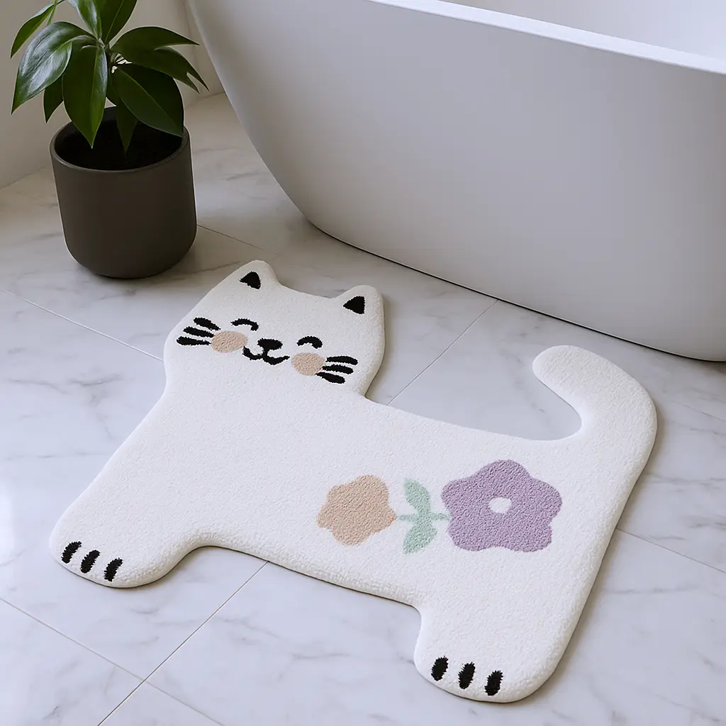 360 stand 2x3 ft. White Kitty Cat Hand Knotted Washable Area Rug, Cotton Fiber, Animal Motif, Stain Proof, Transitional Youthful Design