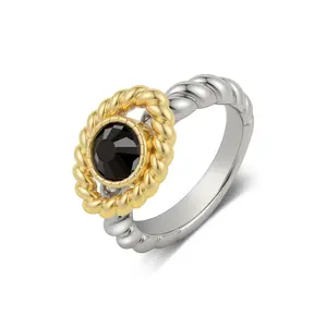 Aprilery Twisted Cable Black Gemstone Ring Jewelry Vintage-Inspired Rope Halo Statement Ring for Women Hypoallergenic All-Day Comfort