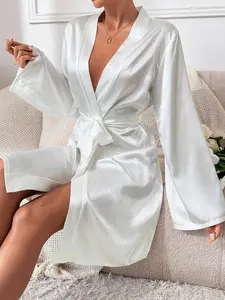 White Satin Robe for Bride Bridal Party Loungewear with Elegant Embroidery & Adjustable Belt for Ultimate Comfort & Glamour 100% Polyester Satin Long Sleeve Oversized Fit