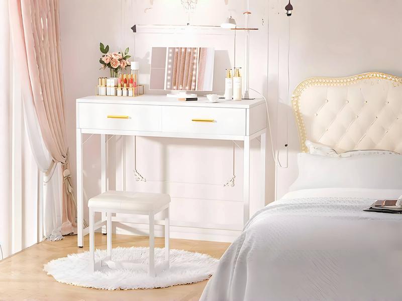 Unikito 35.8" Vanity Desk with Power Outlet, White and Black Makeup Dressing Table with Mirror and Lights, Ample Storage Space small room vanity