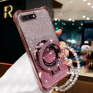 8 Plus Durable PC Fashion Strap Lanyard Phone Holder Case For Compatible With iPhone 8 Plus Glittery with Crystal Style Chain Stand Cover Phone Accessories