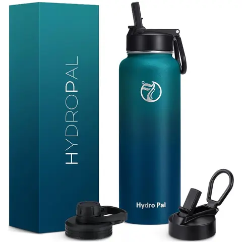 HydroPal 40oz Classic 18/8 Stainless Steel Vacuum Flask Water Bottle - Double-Walled Insulated Wide Mouth Powder-Coated Tumbler Container, Leak-Proof Spout, BPA-Free Brush-Clean Straws, 12h Hot Hold Portable Travel Drinkware (40oz Rose Option)