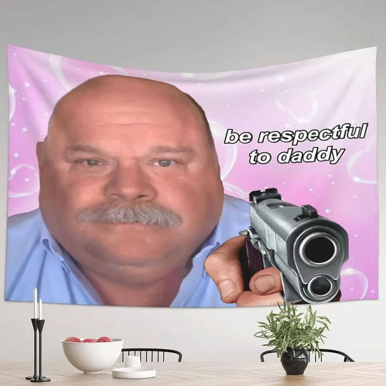 Bertram Bold Purple Fabric Tapestry, Humorous "Be Respectful To Daddy" Meme Print Wall Decor, Bedroom Party Home Hanging Decoration