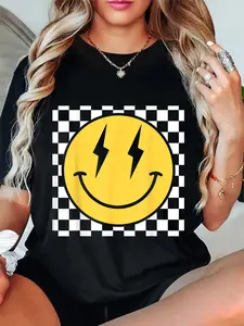 100% Cotton Retro Happy Face Distressed Checkered Pattern Smile Face T-Shirt