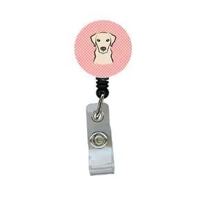 212 MAIN Retractable Badge Holder, Checkerboard Pink-Yellow Labrador Design, Removable Cardholder, Includes Badge Decoration & Round Decal