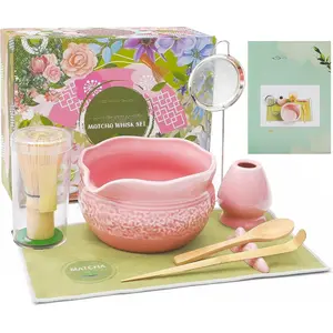 Matcha Set, 8 count Complete Ceramic Matcha Making Kit with Bowl,  Whisk & Holder, Stainless Sifter,  Towel, Scoop & Scoop Rest