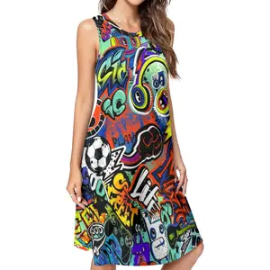 Street Graffiti Trendy Elements Print Sleeveless Midi Dress Y2K Summer Swing Dress Round Neck Fabric Casual Premium Polyester Loose Fit Knee-Length tea blue quinceanera girl green wendy yellow long dress Seashell Shirt Set Plaid Corset