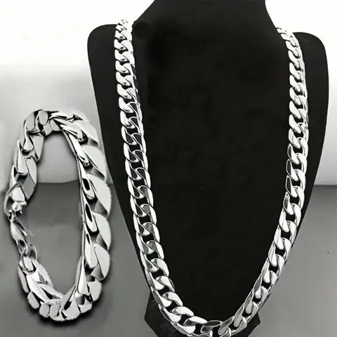 Hip Hop Jewelry Set for Men, 2 Pieces Titanium Steel, Elegant Fashionable Necklace and Bracelet Set, Suitable for Daily Wear, Sports, and Parties, Fashionable and Trendy Simple Street Hip-Hop Classic Necklace Bracelet
