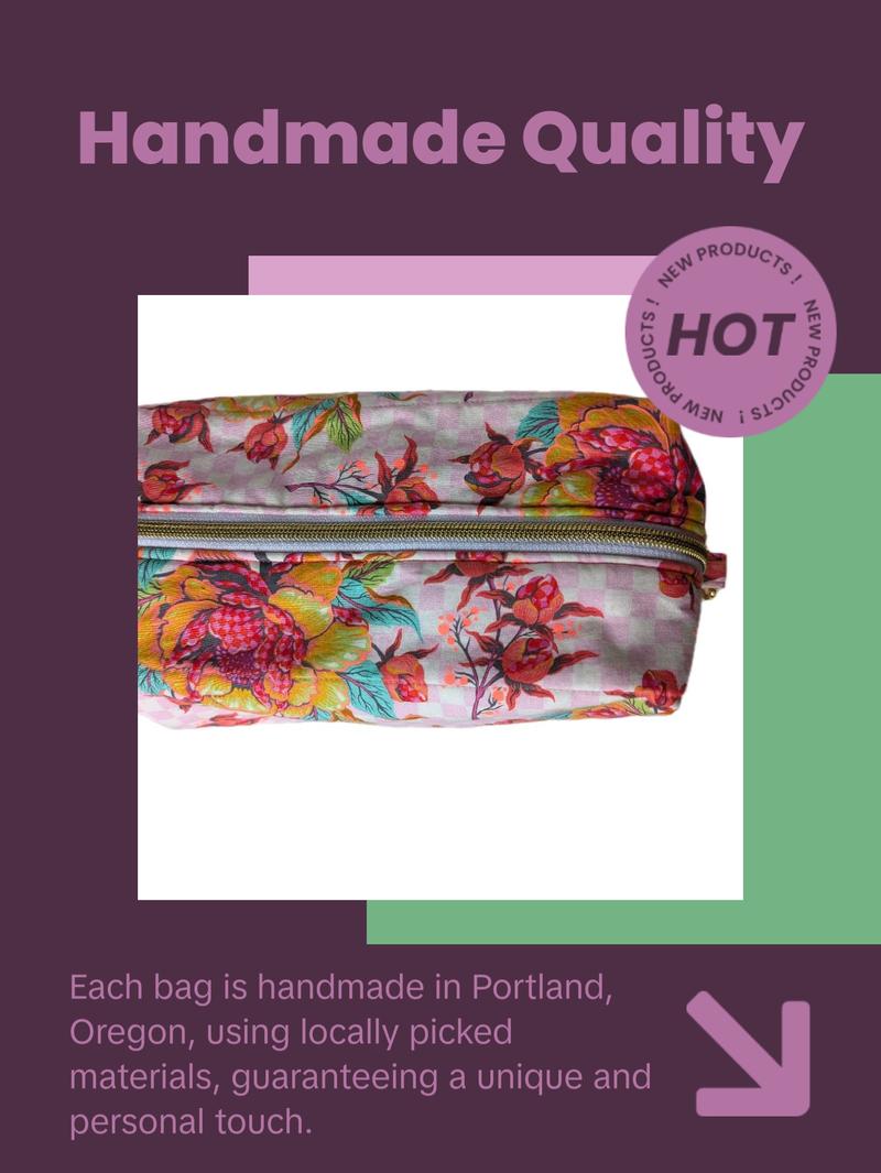 Pink Peony Anything Bag - Floral and leaf pattern with large peony motif on pink checkered background and gold colored hardware