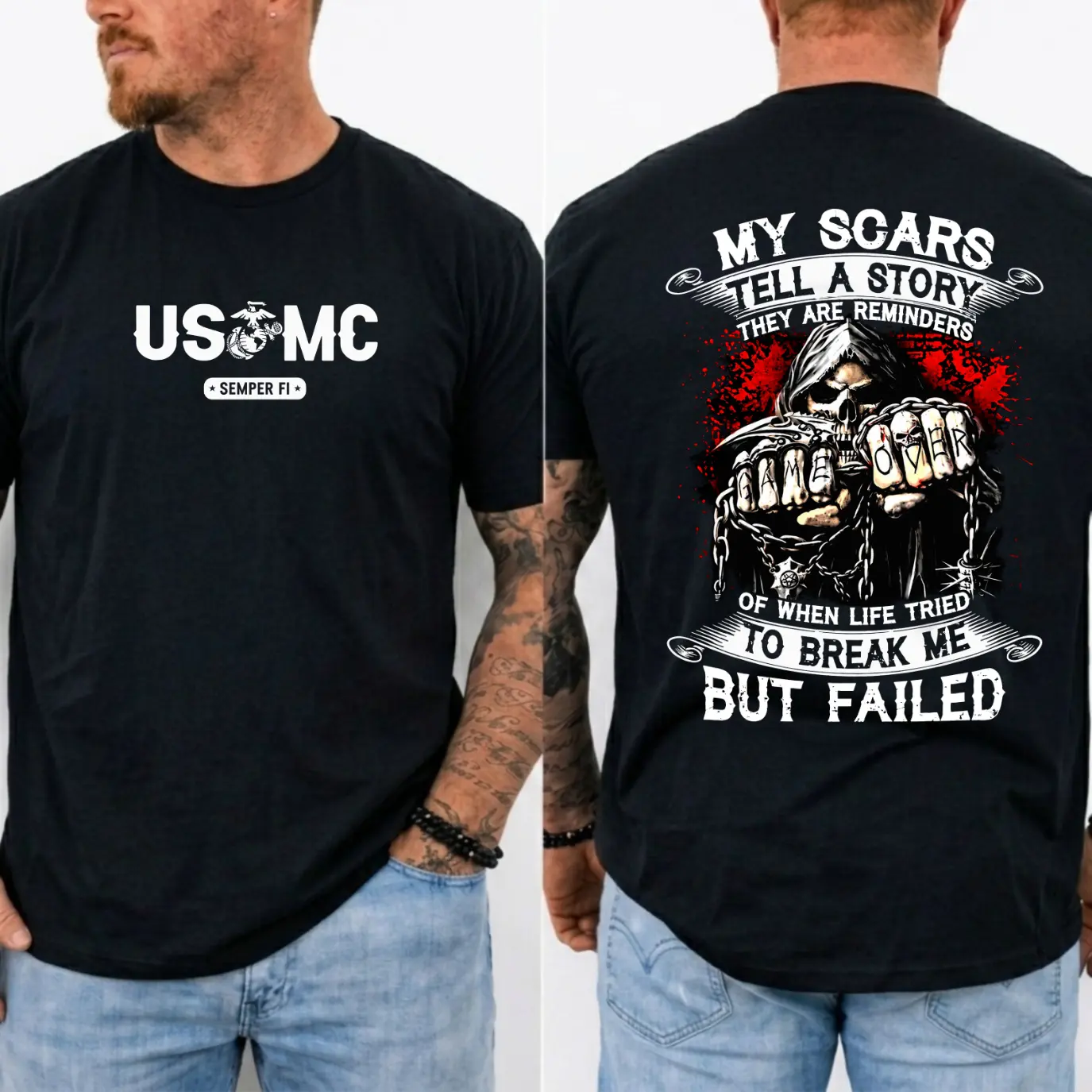 Men's Classic-Width Short-Sleeve Soft Cotton Blend T-Shirt, US Marine Corps Grim Reaper "My Scars Tell A Story" Vintage Graphic, Military-Themed Apparel for Marines & Veterans, Resilience Gift
