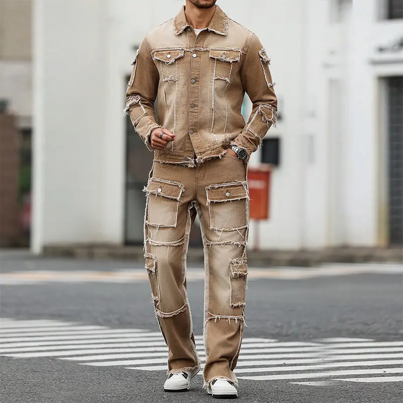 Men’s Basic 2-Piece Frayed Patchwork Denim Outfit - Washed Distressed Raw-Edge Trucker Jacket, Multi-Pockets Straight-Leg Pants for Spring/Autumn Street Fashion Menswear