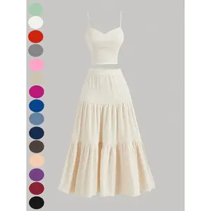 Women's 2-piece long skirt, crop top and ruffled flowing MIDI skirt, perfect choice for vacation and outings, casual 2026 fashionRAIMENTRY