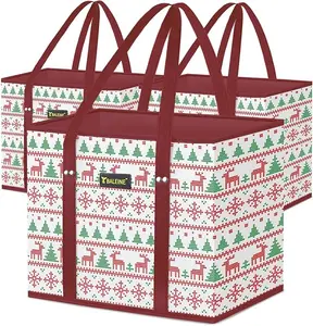 Reusable Grocery Bags 3 Pack – Foldable Shopping Tote Bags with Reinforced Bottom & Strong Handles, Durable Reusable Bags for Groceries, Market & Storage (Reindeers)