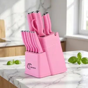 XBJ 15-Piece Pink Premium Stainless Steel Kitchenware Set, Including Knives, Built-in Sharpening Tool, for Household Meat Cutting
