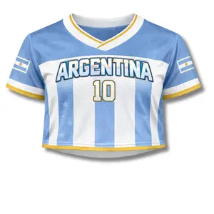 Argentina World Cup Crop Top Jersey – Custom Name & Number Women Mesh Soccer Shirt, Argentina Football Fan Crop Tee