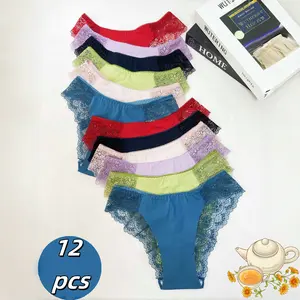 QQ 12-piece and 6-piece sets of women's sexy silky satin panties. These are lace bikini-style panties, light and playful, with a low-waist design. They fit invisibly, are sheer, and feature a full-coverage design, making them cute panties.