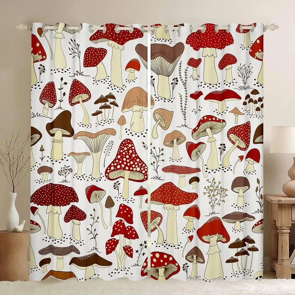 Feelyou Cute Cartoon Blackout Privacy Curtains - 2 Grommet Panels, Colorful Kawaii Mushroom Leaf Red Decorative Curtains, Home Textile Window Treatments (38x45 in), Colorful Curtains