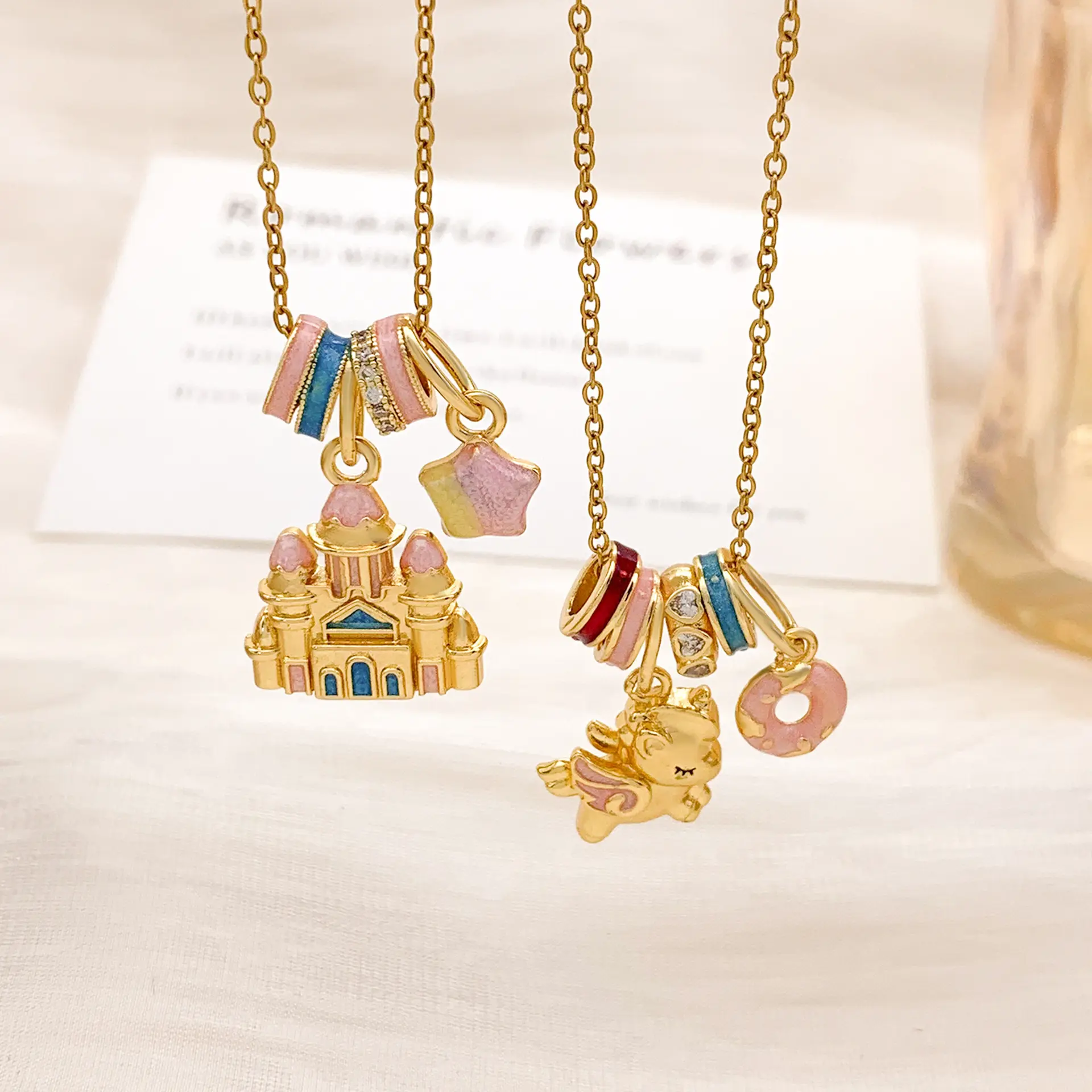 Gold Tone Enamel Castle Charm Necklace, Cute Donut Star Unicorn Dangle Pendant Clavicle Chain, Women Fashion Jewelry Gift