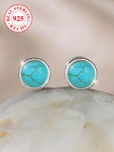 S925 Sterling Silver Earrings, Round Imitation Lapis Lazuli Studs, Unisex Punk Fashion, Includes Box, Stylish Jewelry Gift, High Quality Earrings