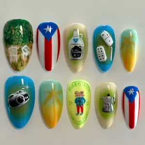 Puerto Rico Flag Press On Nails | Tropical Vacation Coquí Frog Domino Nails | 3D Moka Pot Rum Custom Set