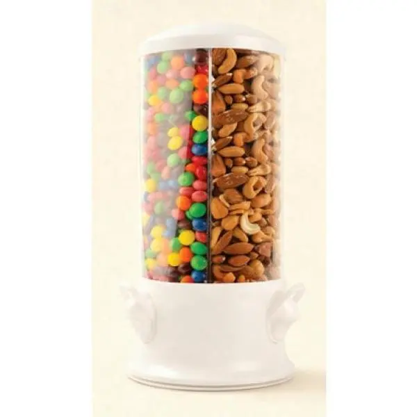 Premium Round Triple Treat Dispenser Machine - Automatic Candy & Nut Vendor with Kids Cover - Reusable Pearl White Enhanced Design Snack Container - Effortless Operation for Home Use, Containers