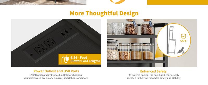 DWVO Black Bakers Rack with Trash Can Bin Cabinet and Power Outlet, Microwave Stand Cabinet with 6 Hooks, 6-Tiers Farmhouse Kitchen Tall Thickened Coffee Bar Table Station with Storage Shelf