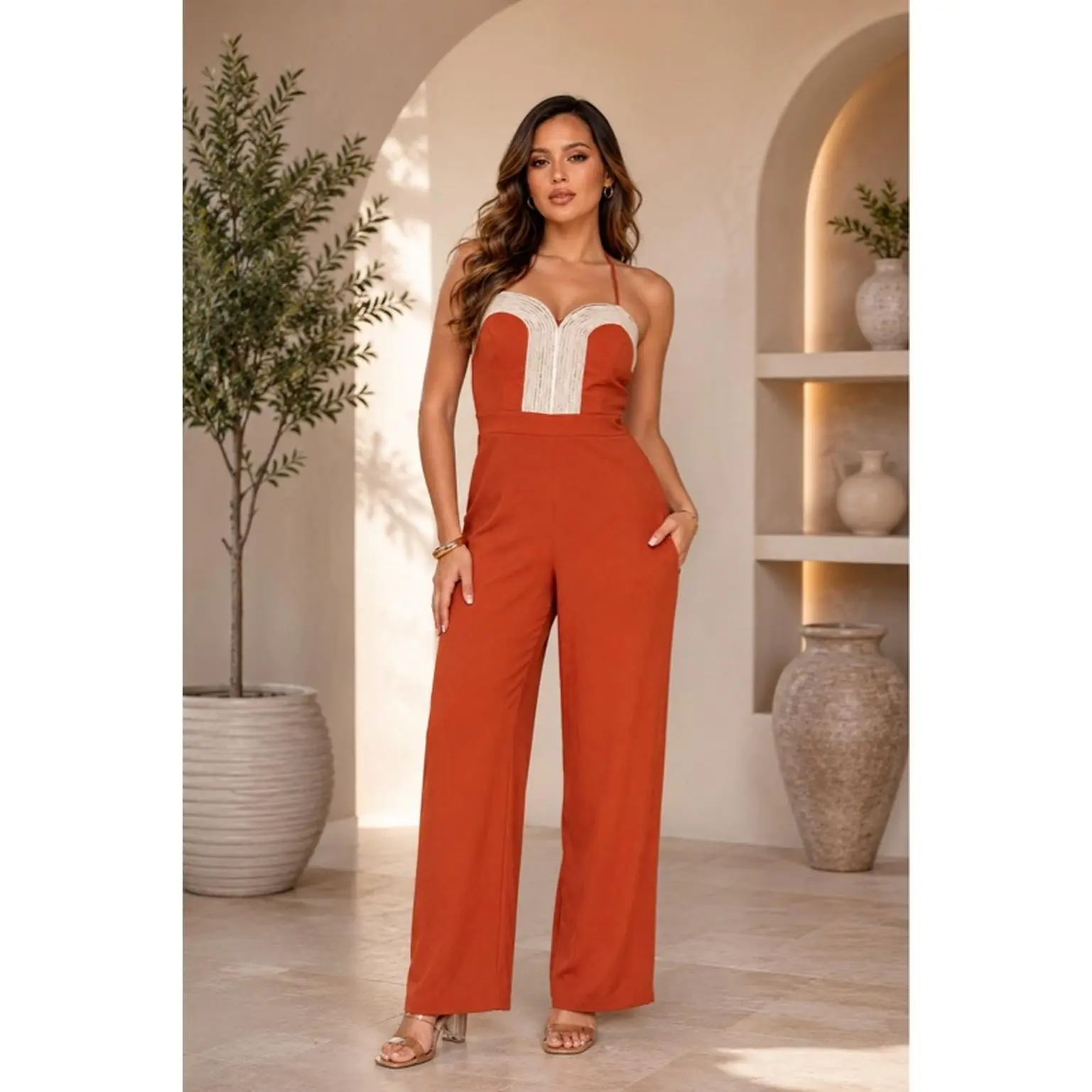 Elegant Sunset-Orange Halter Jumpsuit with Sweetheart Neckline & Ivory Contrast Detail for Brunch Weddings Cocktail Parties