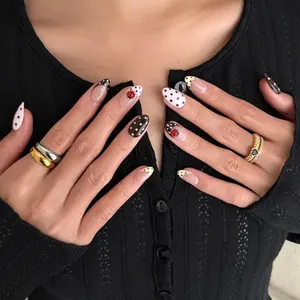 LADYBUG GARDEN | 3D Cute Ladybug Press On Nails | Black & White Polka Dot French Fake Nails | Cottagecore Whimsical Aesthetic | Custom Almond Set 2026