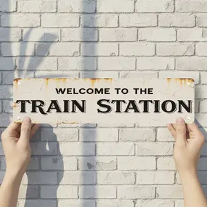 WELCOME TO THE TRAIN STATION - Vintage Style Street Sign - Aluminum Wall Art & Room Decor for Garage Bar Bedroom Farmhouse Home - 16" x 4" Rust Free Metal Poster
