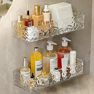 Bathroom storage shelf, bathroom rectangular hole free wall hanging storage shelf, transparent water ripple storage shelf, storage shelf with hooks, storage shelf is suitable for bathroom, toilet counter, kitchen, improve the quality of life