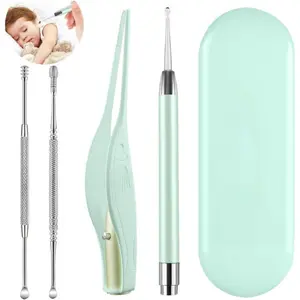Summer Spring Gift 4 Pack Ear Wax Removal Tool Kit with Light, Ear Pick Ear Cleaning Tools Set for Kids and Adults, Ear Picks Digger & Tweezers & Spiral Spring Ear Spoon with Storage Box (Green)