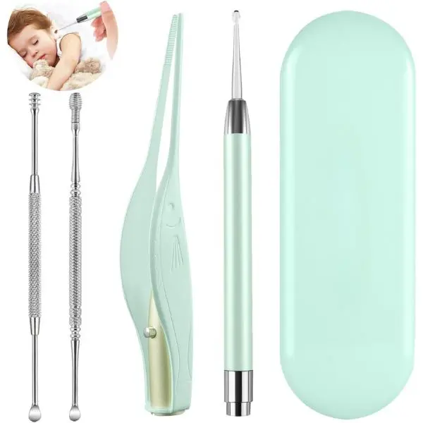 Summer Spring Gift 4 Pack Ear Wax Removal Tool Kit with Light, Ear Pick Ear Cleaning Tools Set for Kids and Adults, Ear Picks Digger & Tweezers & Spiral Spring Ear Spoon with Storage Box (Green)