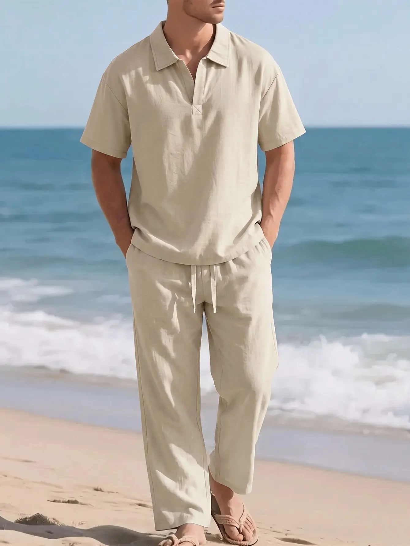 Men’s two-piece set: regular fit, solid color short-sleeve shirt with a linen-like texture and long pants. Casual summer menswear made from lightweight, breathable fabric; loose fit suitable for summer wear—ideal men’s beach vacation outfit.