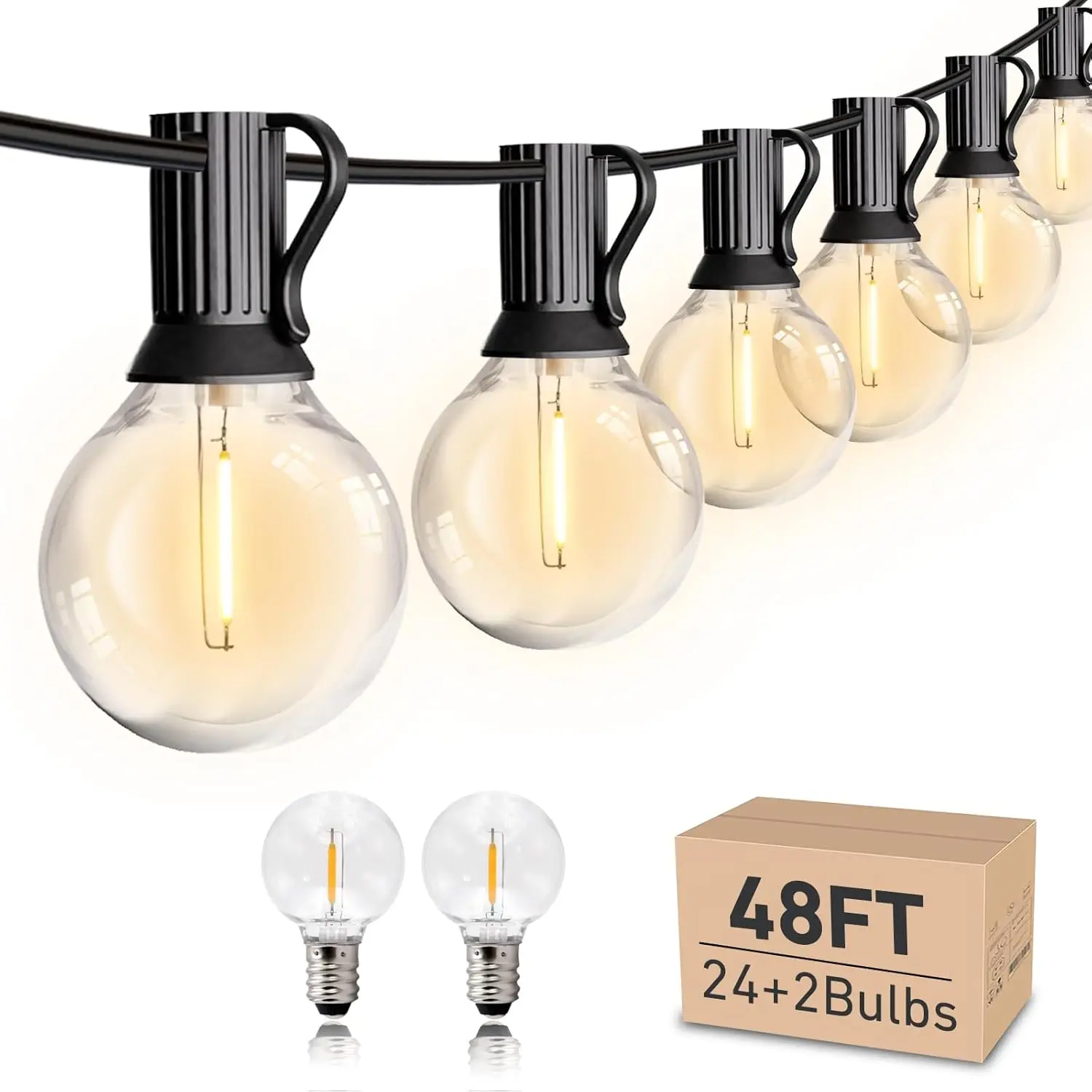 48Ft Waterproof Outdoor Patio Lights with 24+2 Edison Bulbs - Ambient, Glowing LED, Hollywood, Fairy Styles for Garden, Porch, Bistro Decor, Ambient Light Outdoor, Glowing Led Outdoor